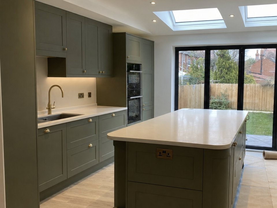 Finished sage green shaker kitchen with an island and roof lights